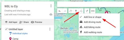 Selecting the add line or shape action on the map