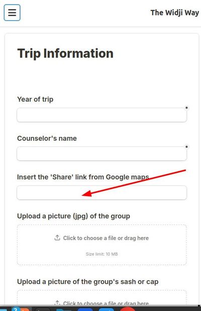 Pasting the map share link into the Contact page trip information form